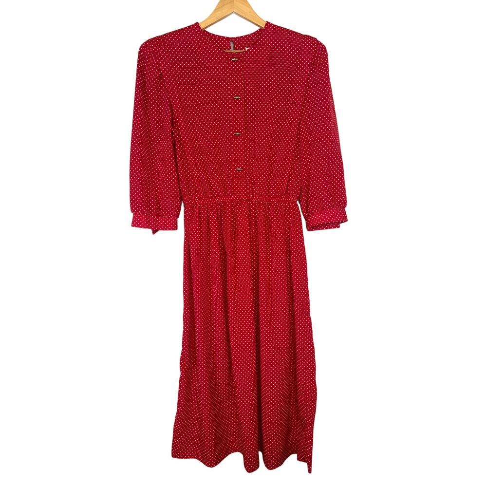 Vintage Polka Dot Dress Midi Red Belted Retro 80s Career Wear Structured Medium